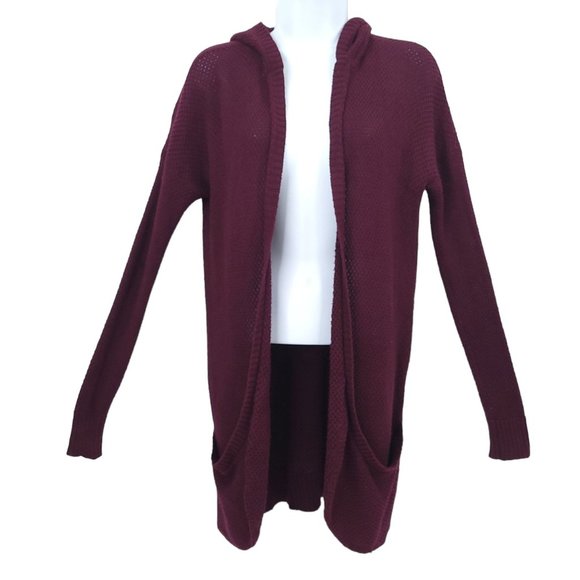 American Eagle Open Front Hoodie Cardigan Womens Size S Wine Pockets Cable Knit - Picture 2 of 15